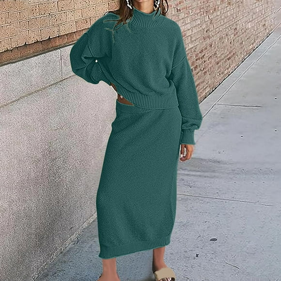 Aqestyerly Two Piece Sets for Women Women Sweater Set Outfits Long Sleeve Oversized Top Long Skirt Dresses Set