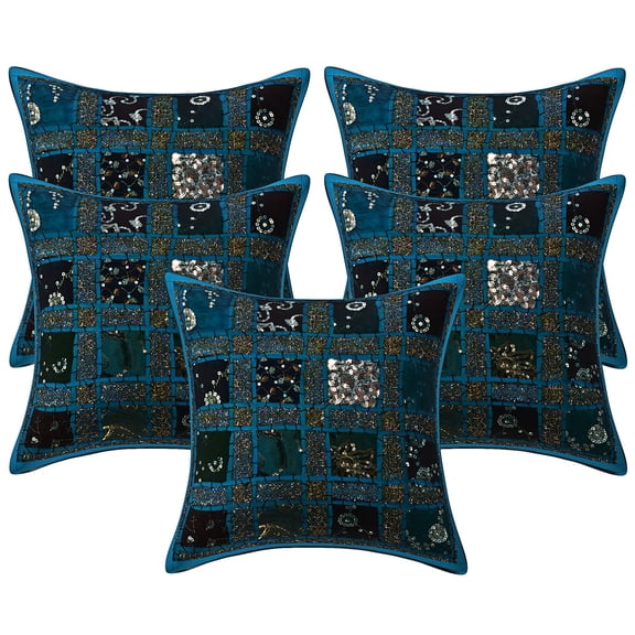 Stylo Culture Ethnic Chair Seat Throw Pillow Covers 16x16 Patchwork Embroidered Turquoise Sequins 40 x 40 cm Home Decor Cotton Geometric Square Cushion Covers | Set Of 5