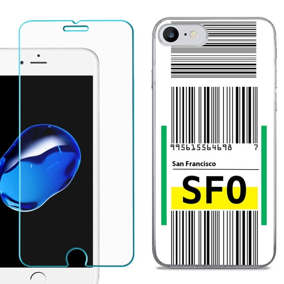 For Apple iPhone 7 / iPhone 8 Case, Slim-Fit TPU Phone Case, with Tempered Glass Screen Protector, by OneToughShield ® - Airport Tag / San Francisco