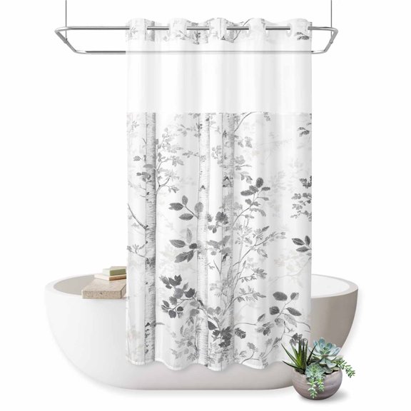 No Hook Shower Curtain Decorative Grey Forest Branches Waterproof Fabric Shower Curtain Set Vintage Tree Leaves Bath Curtains Bathroom Decor with See Through Mesh Top Window 54x78 Inch