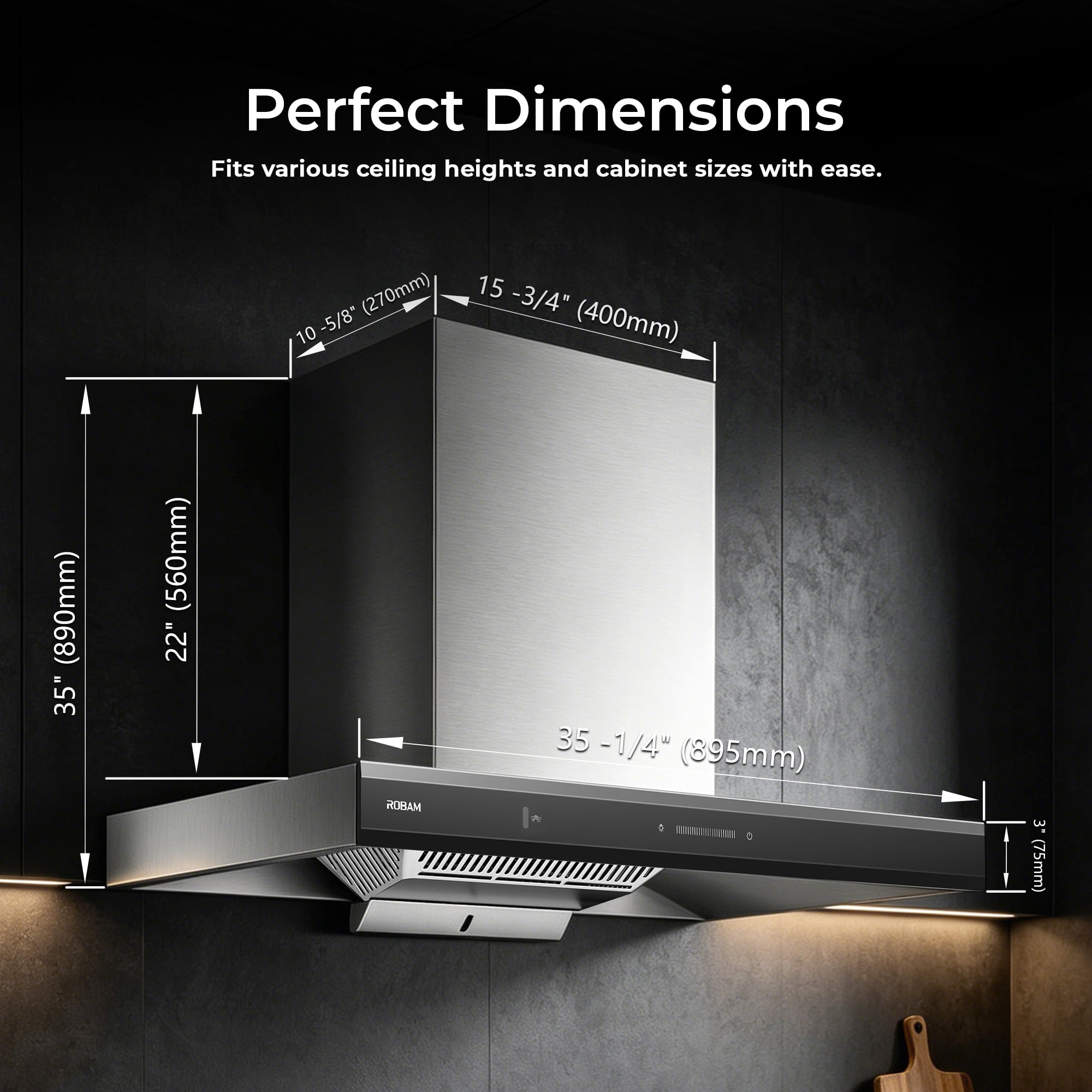 ROBAM 36-Inch Wall Mount Range Hood A832, 1100 CFM Powerful Kitchen Hood, Ducted/Ductless Convertible, 9-Speed Slide & Touch Control with Delay Shutoff & Charcoal Filter