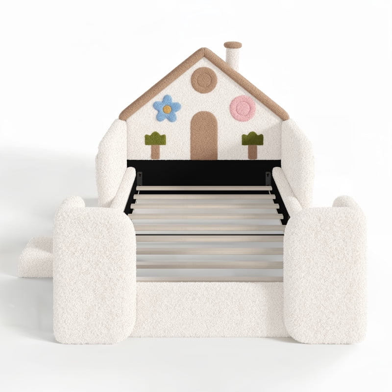 Twin Size Kids Floor Bed with House Shaped Headboard, Upholstered Teddy Fabric Child Storage Platform Bed Frame with Pocket
