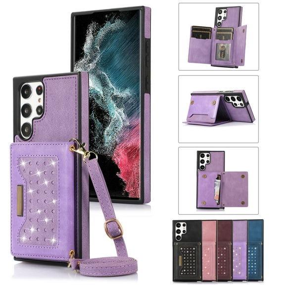 For Samsung Galaxy S22 Plus Wallet Card Holder PU Leather Stand Shockproof Phone Protective Case Cover With Crossbody Strap