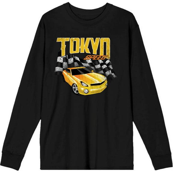 Car Fanatic - Tokyo Speed Racing Flag and Yellow Car Adult Black Crew Neck Long Sleeve Tee-Medium