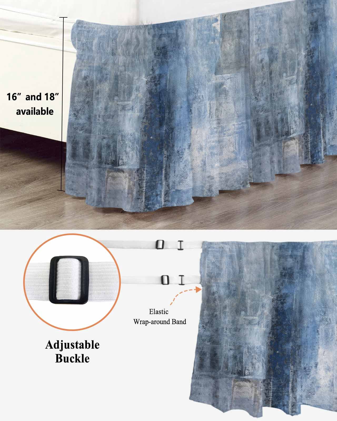 Blue Wrap Around Bed Skirts for King Bed 18" Drop,Bed Skirt with Adjustable Elastic Belt Dust Ruffle Bed Valance for Bedroom Hotel Retro Oil Painting Modern Abstract Art Aesthetics Bed Frame Cover