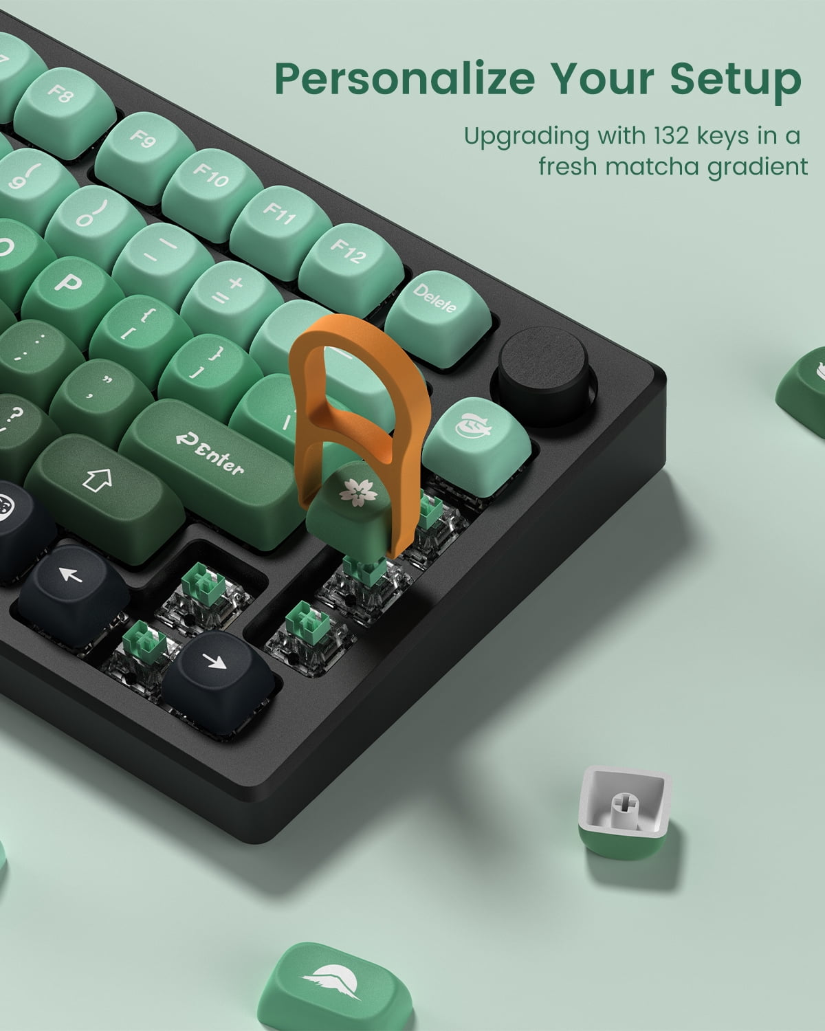 COSTOM Matcha Gradient Green PBT Keycaps, MOA Profile Cute Custom Keyboard Keycaps Janese Style 5 Side Dye Sublimation, 132 Keys Set for 60% 65% 75% 80% 100% Cherry Gateron MX Mechanical Keyboard