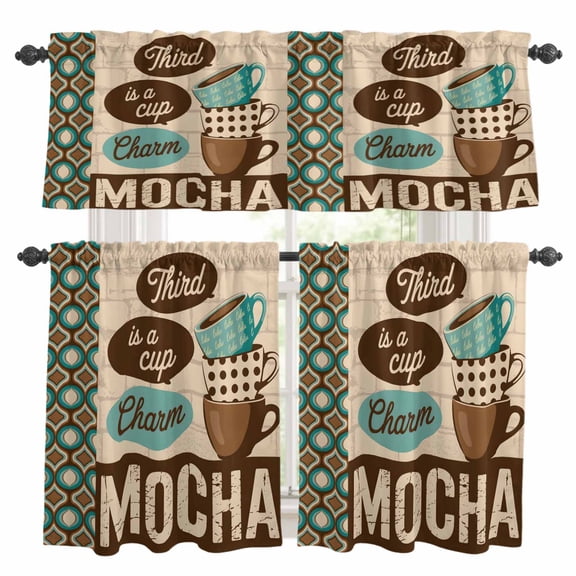 Teal Brown Retro Coffee Kitchen Curtains Sets for Windows 24 Inch Length, Farmhouse Vintage Art Watercolor Rod Pocket Window Treatments Tier Curtains and Valances Set for Bedroom/Bathroom