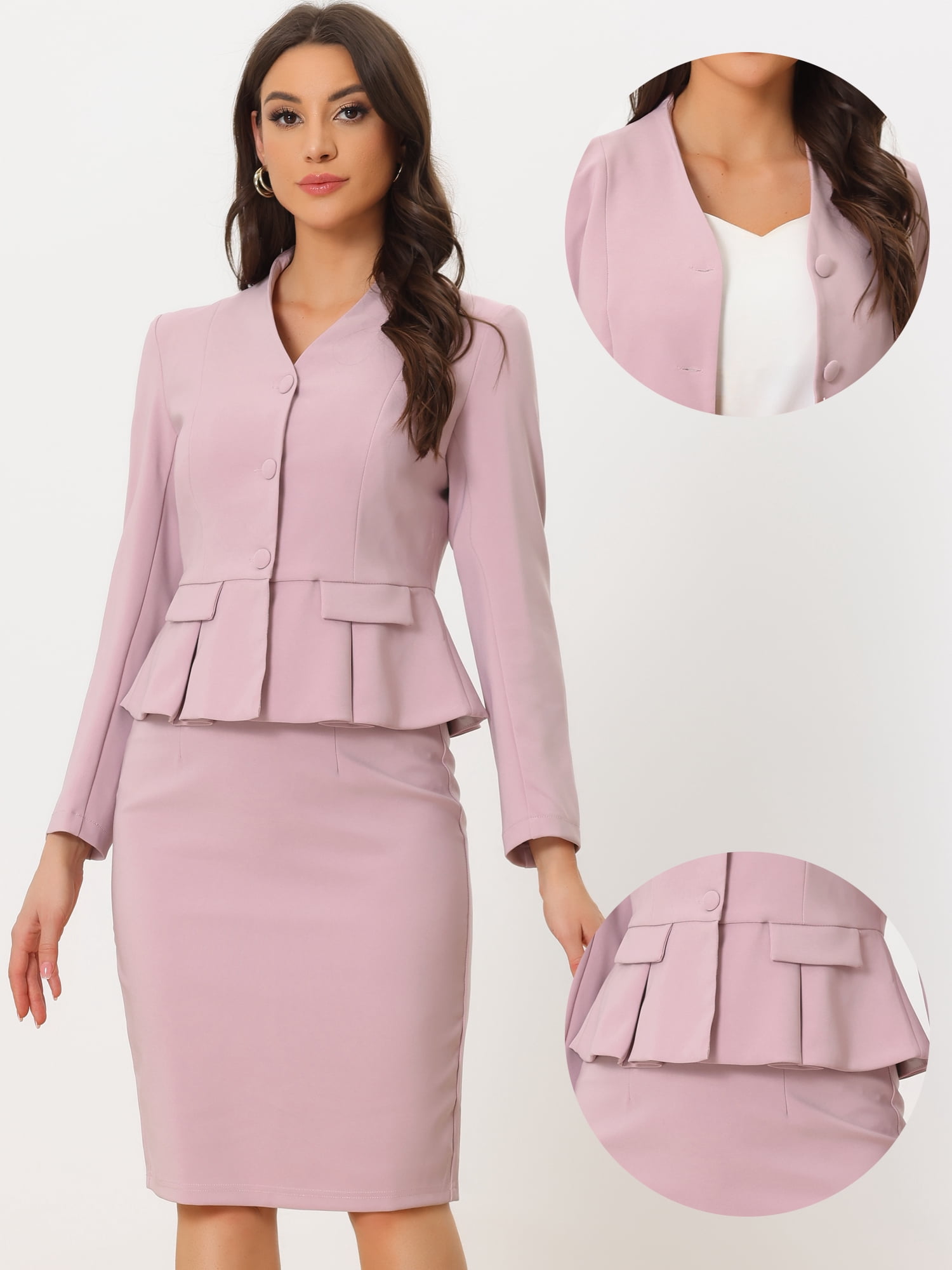 DARING DIVA Women's Collarless Peplum Blazer Sheath Skirts 2 Pcs Suit Set S Pink