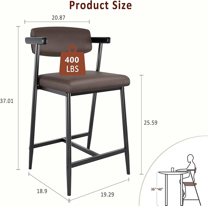 26 Inch Counter Height Bar Stools Set of 4, Modern Faux Leather High Barstools with Back and Metal Leg, Bar Chairs for Kitchen lsland, Brown