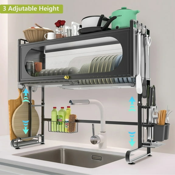 Over The Sink Dish Drying Rack 3 Tier Large Dish Rack Metal Over The Counter Dish Drying Rack for Kitchen Sink Shlef Adjustable