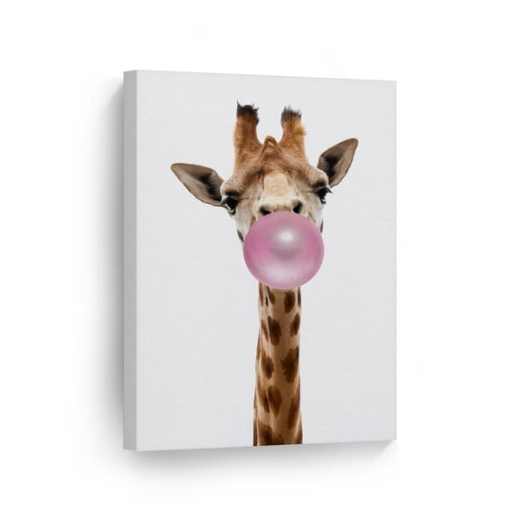 Smile Art Design Portrait of Giraffe Chewing Pink Bubble Gum Canvas Wall Art Print African Safari Animal Pop Art Office Living Room Bedroom Kids Baby Nursery Room Decor - 40x30