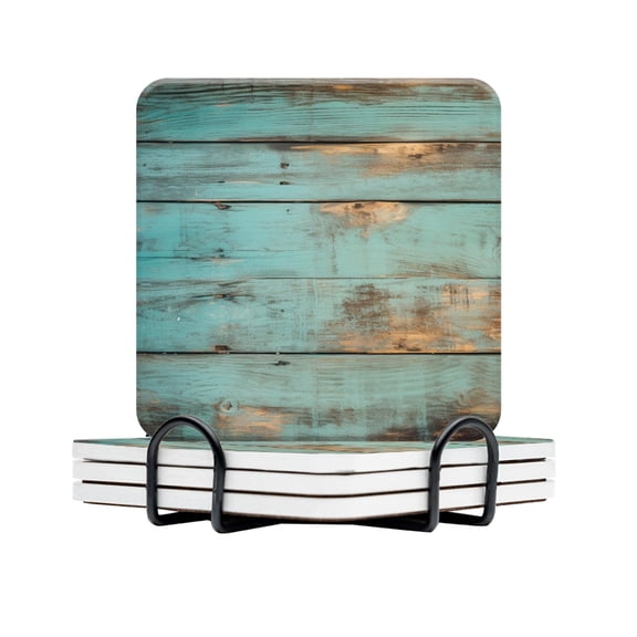 BaHomeck Drink Coasters Set Of 4 With Holder Teal And Brown Rustic Wood Water Absorbent Ceramic Coasters Tabletop Protection,Suitable For Various Cup,Home Decor