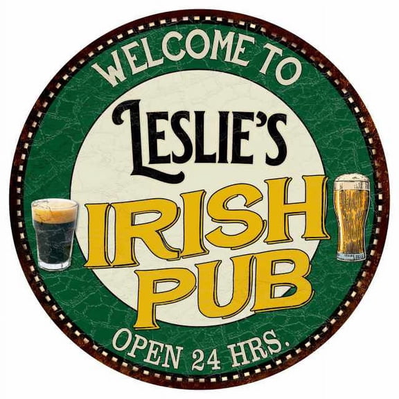 Leslie's Irish Pub 14" Round Metal Sign Kitchen Bar Wall Decor 100140036314