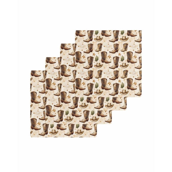 Brown Western Cowboy Kitchen Dish Towels for Drying Dishes Set of 4, Vintage Desert Botanical Waffle Weave Microfiber Terry Hand Tea Bathroom Towels Quick Dry & Absorbent Towel 12x12