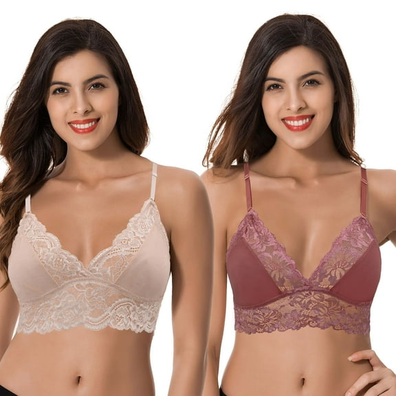 Curve Muse Plus Size Plunge Unlined Bralette with Floral Lace-2 Pack-NUDE,DK PINK-S