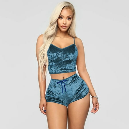 

HIMIWAY New Women Deep V Sexy Lingerie Velvet Camisole Bow Shorts Set Bra Underwear Blue