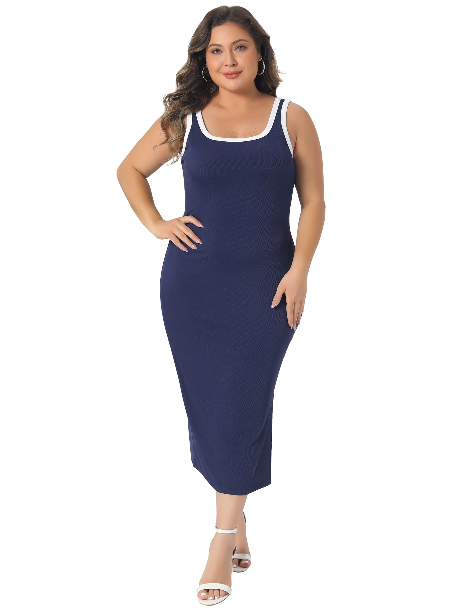 DARING DIVA Women's Plus Square Neck Sleeveless Bodycon Dress with Side Slit 4X Dark Blue