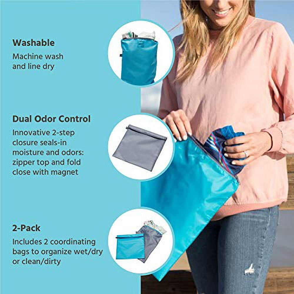 J.L. Childress Wet-to-Go Portable Wet and Dry Bags - Waterproof and Leakproof - Teal/Grey