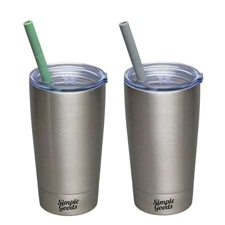 Simple Goods 2 Pack Kids Stainless Steel Sippy Cup Tumbler with Straw, Lid & Bag (Silver/Silver 2 Pack - Midi, 12 oz)
