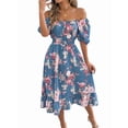 thumbnail image 3 of Women's Ruffle Off Shoulder Floral Midi Smocked Flowy Long Dresses Dress for Summer Spring Beach Blue XL, 3 of 10