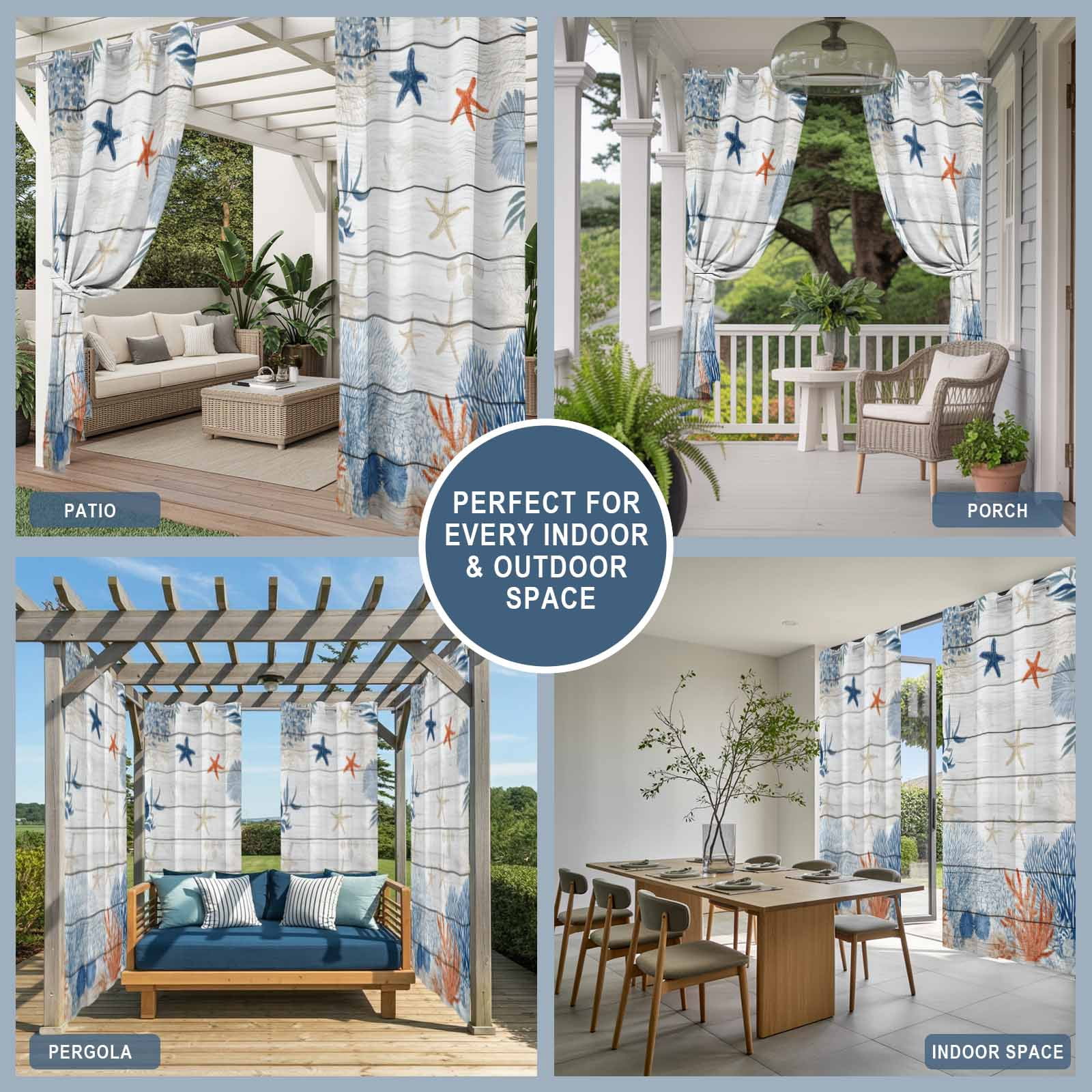 Ocean Corals Outdoor Curtains for Patio, Summer Beach Coral Sea Stars Wood Grain Sunshade Privacy Drapes Grommet Waterproof Outside Curtains for Porch/Cabana/Balcony 54"x 108", 1 Panel