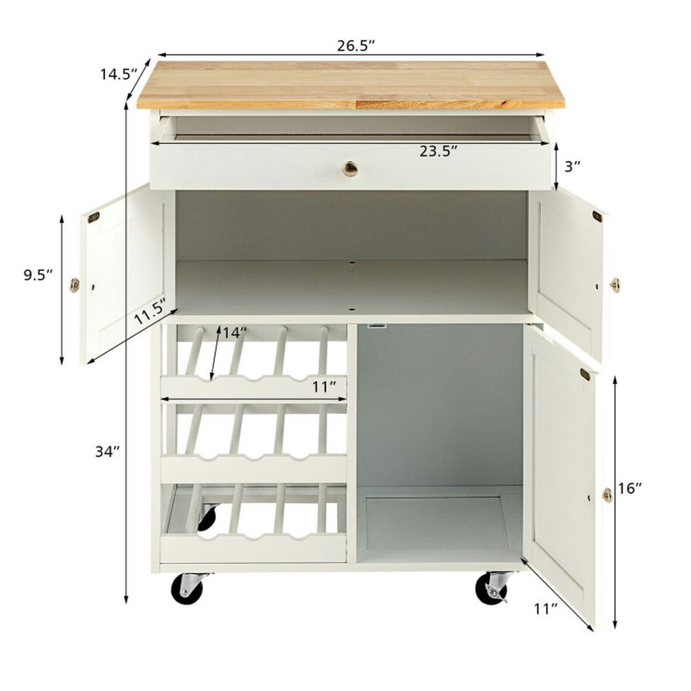 Finihen Rolling Storage Cabinet Cart, Kitchen Island Cart, Kitchen Cart with Rubber Wood Top 3 Tier Wine Racks 2 Cabinets, for Kitchen, Dining Room, White Finihen Rolling Storage Cabinet Cart, Kitchen Island Cart, Kitchen Cart with Rubber Wood Top 3 Tier Wine Racks 2 Cabinets, for Kitchen, Dining Room, White