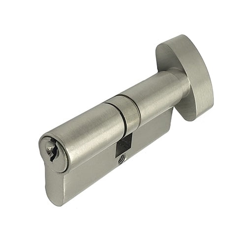 Cylindre de Serrure Profil Européen 70 mm en Laiton Massif – Clé à l'Extérieur et Bouton Tournant à l'Intérieur / Fini Nickel Satiné et Noir / Serrure à Mortaise avec 3 Clés