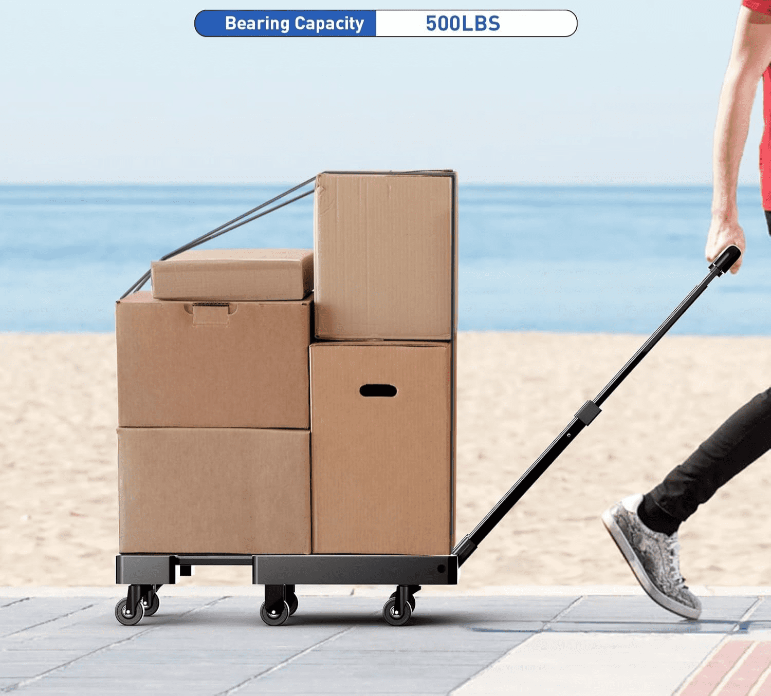 LLMRR Folding Hand Truck, Heavy Duty Dolly Cart, Collapsible Luggage Cart with 6 Wheels & 2 Elastic Ropes, 500 LB Capacity Portable Luggage Cart for Moving, Traveling and Shopping, Black