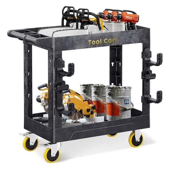 Heavy Duty Plastic Utility Cart 850LBS Capacity 2 Shelf Service Cart Rolling Utility Carts with Swivel Wheels & Ergonomic Handle for Warehouse, Garage, Cleaning, Manufacturing