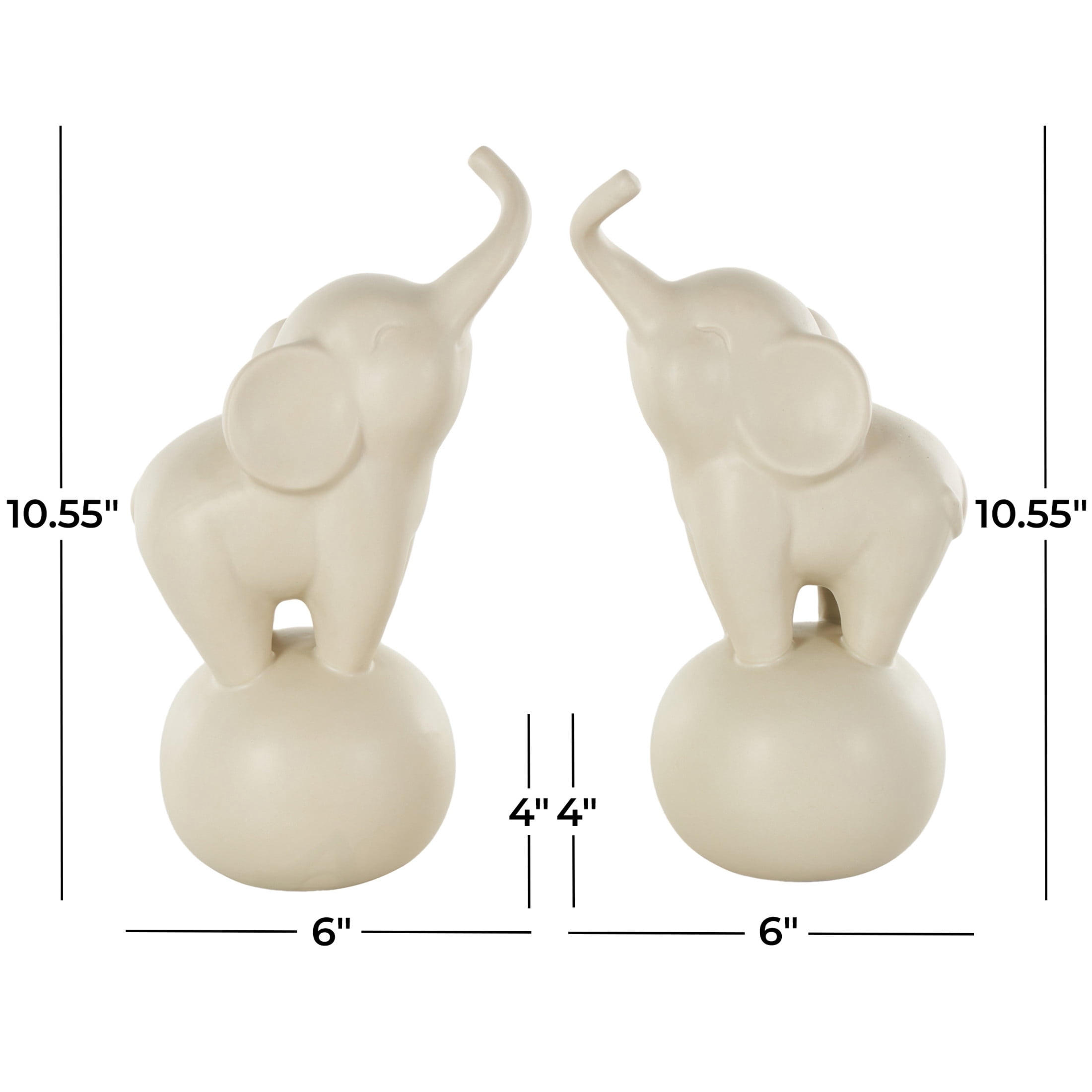 6"W, 11"H White Ceramic Trumpeting Elephant Sculpture with Round Base, by DecMode (2 Count)