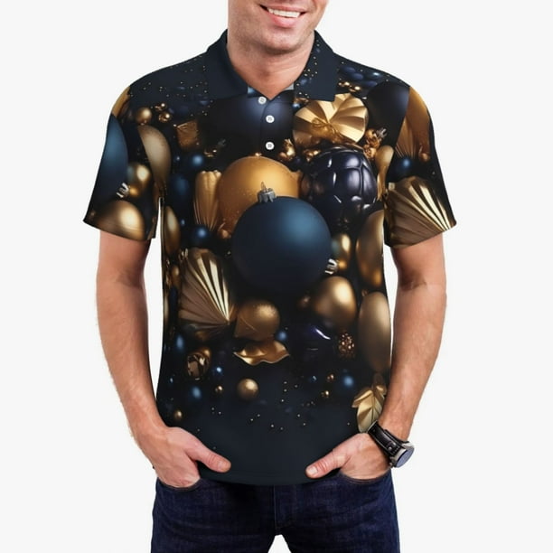 Balery Elegant Golden Blue Ornaments Camisa Polo de Hombre con Estampado, de Manga Corta y Tejido Medio, Camisa Tipo Golf Polo-Small