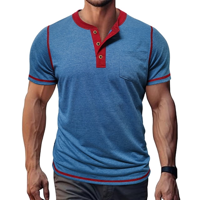 Tops para hombre, blusas y camisas de manga corta con cuello redondo para hombre, blusas casuales de moda vintage con botones, cuello redondo y manga corta para hombre, blusa de poliéster para hombre