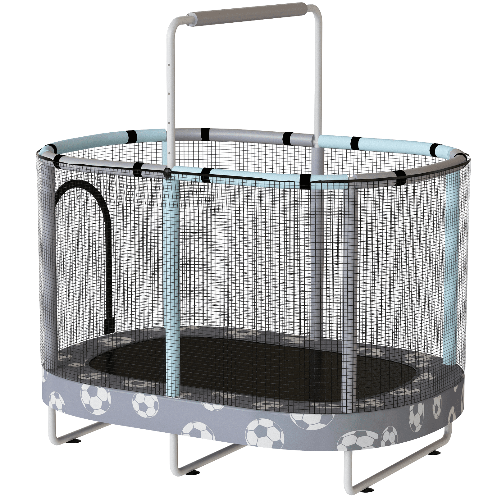 Baxluxe 60" Kids Trampoline 7-in-1, Elliptic Toddler Trampoline with Safety Enclosure Net, Height Adjustable Handrail & 500lbs Capacity, Mini Bouncer with Swing for Age 3-8, Gray Football