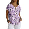 thumbnail image 3 of Vintage Floral V-Neck Tunic Tops for Women - Short Sleeve Button Detail Casual Blouse, Loose Fit Cotton-Linen Look Pullover Shirt for Summer & Vacation Purple M, 3 of 6
