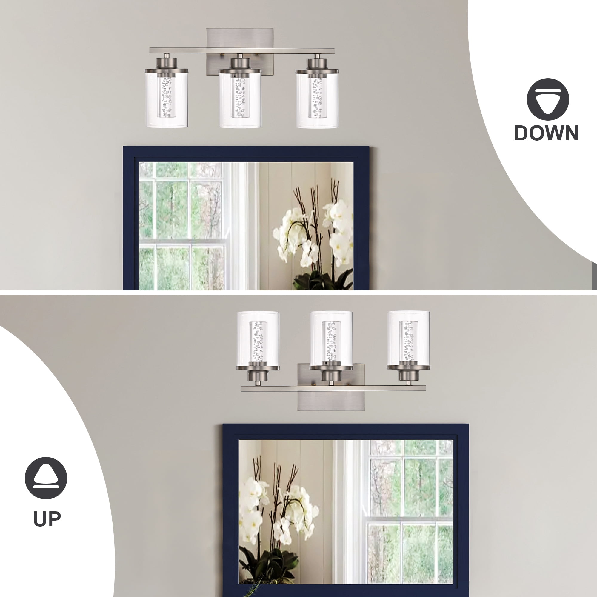 Melucee 5CCT Dimmable LED Brushed Nickel Vanity Lights 3-light, Modern Vanity Lighting Fixtures with Crystal Light Columns and Clear Glass for Bathroom Bedroom