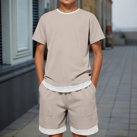 Boys Clothes 2-Piece Casual Street Style Beige Kids Short Sleeve Shirts and Shorts Sets Teen Boys Summer Outfits 8-9 Years