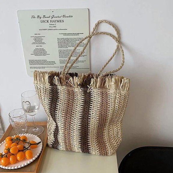 HMSHA Striped Beach Straw Bag Large Capacity Shoulder Bag For Women Handmade Woven Handbag Raffia Rattan Bag Vacation Casual Tote Bag