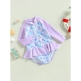 thumbnail image 2 of Traje de baño de una pieza Vigorbear para niñas pequeñas, con volantes, estampado de escamas de pescado y donas, manga larga, cuello redondo, media cremallera y volantes, 2 of 8