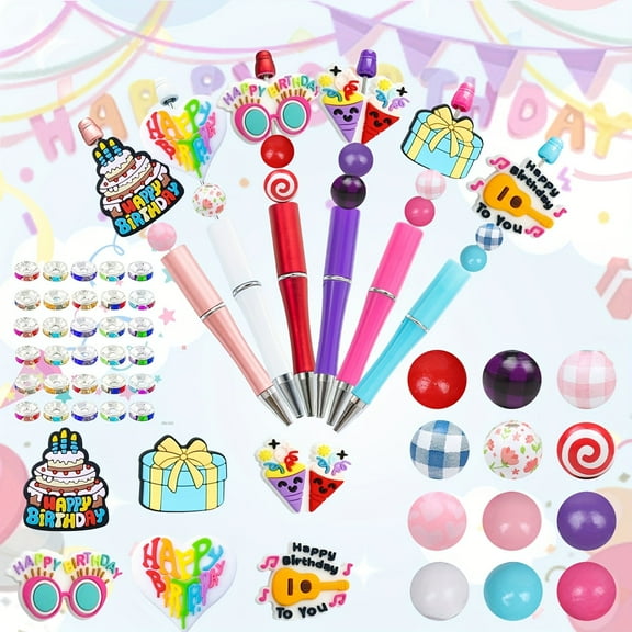 6 Set Birthday Beadable Pens Assorted Bead Pens Wood Crystal Round Spacer Set Black Ink DIY Ballpoint Return Gifts from Teacher for Goodie Bags Classroom Rewards Prizes