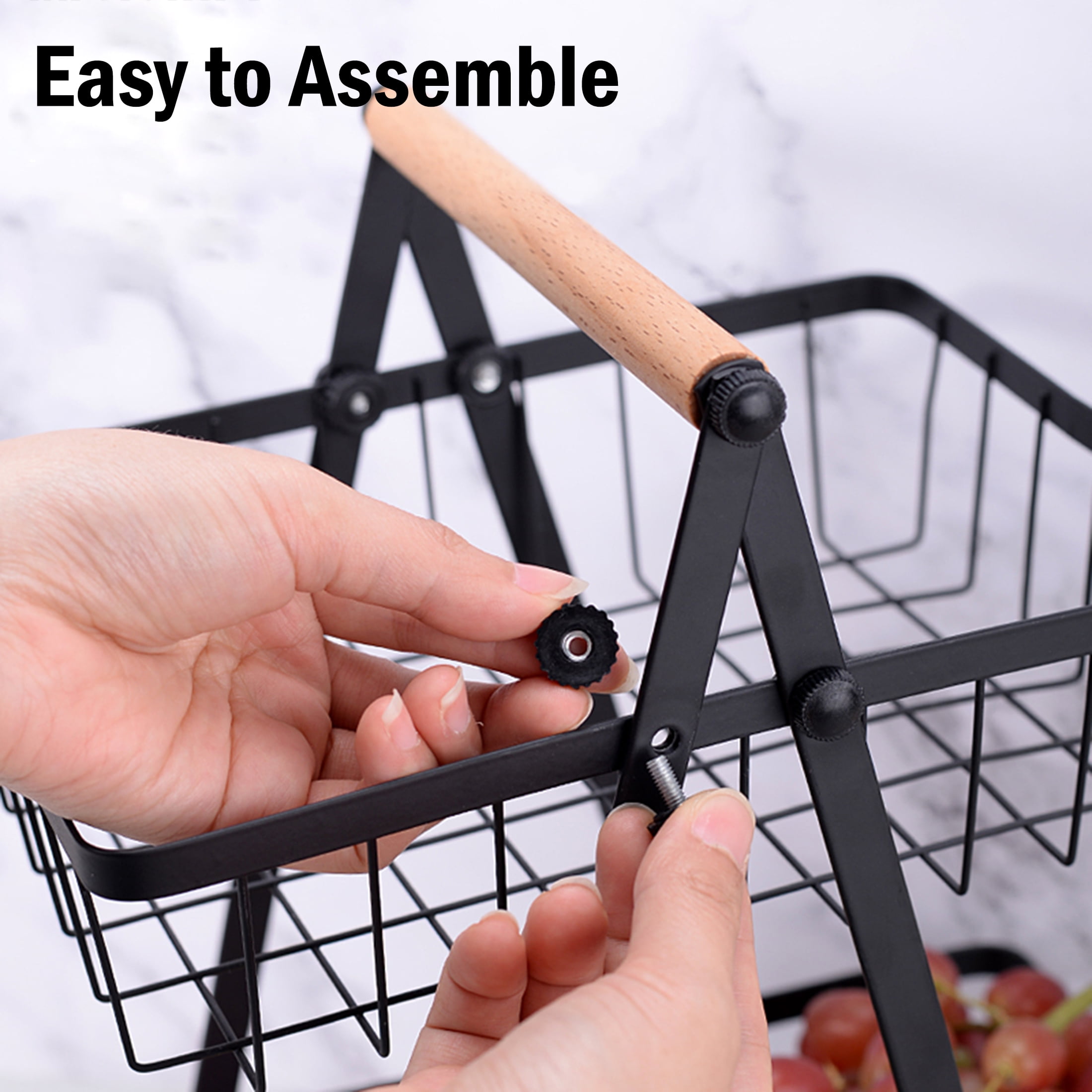 Mirdinner 2 Tier Countertop Fruit Basket Bowl for Kitchen, Detachable Metal Organizer for Bread Vegetable Fruits with Wooden Handle, Large Capacity Storage Basket for Bread Snack Veggies Produce