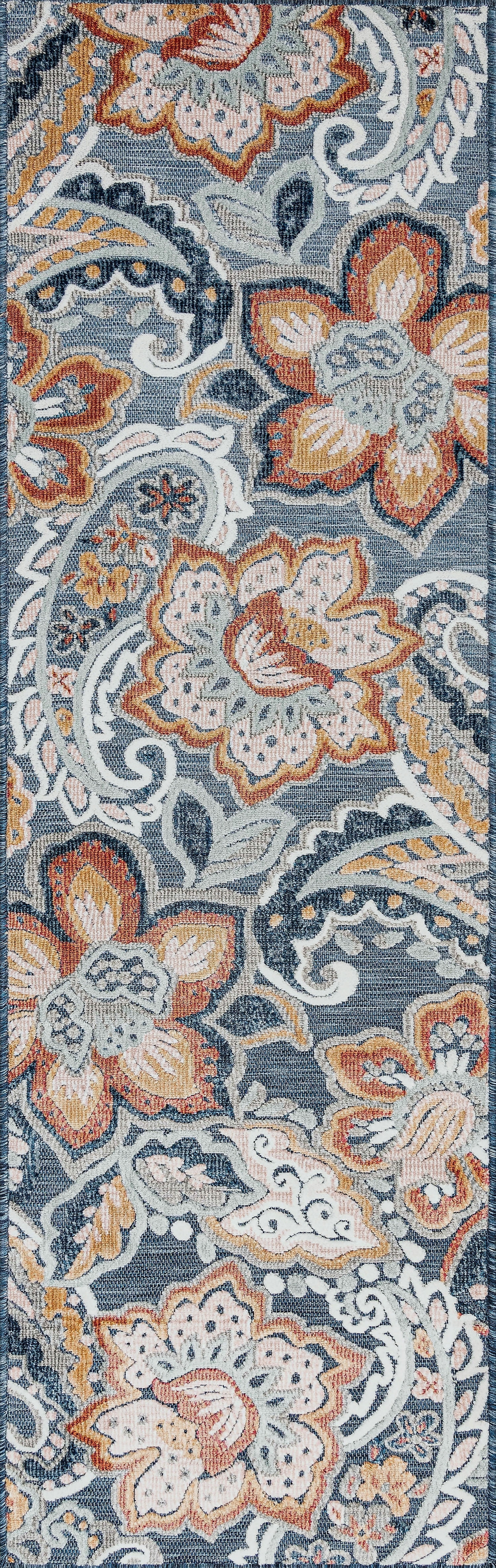Bliss Rugs Floral Indoor Outdoor Rug Water Resistant Runner Rug for Patio, Hallway, Entryway, Deck, Dark Blue ,2' x 8'