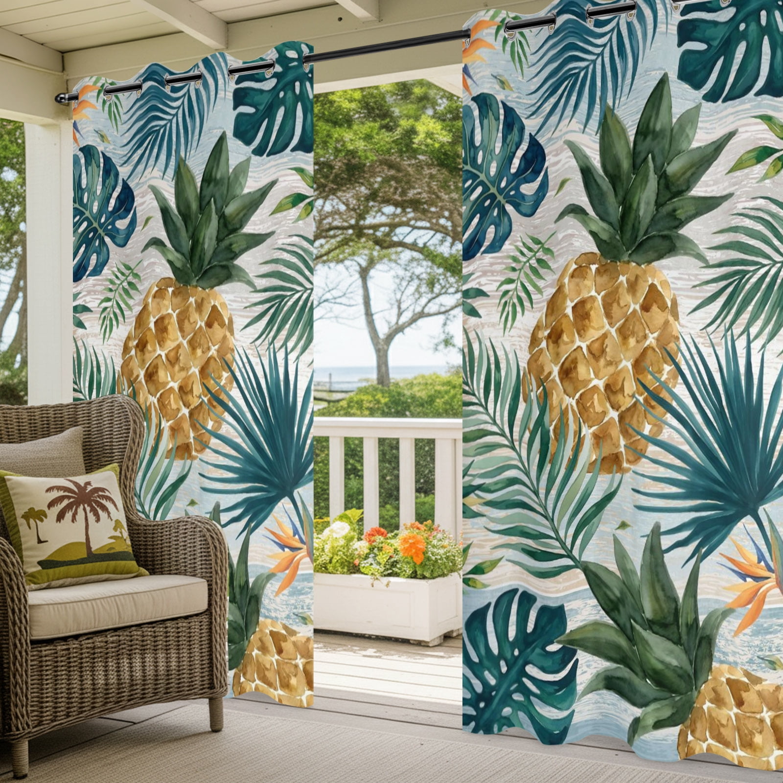 Yellow Pineapple Outdoor Curtains for Patio, Green Monstera Leaf Vintage Tropical Botanical Summer Sunshade Privacy Drapes Grommet Waterproof Outside Curtains for Porch Balcony 54"x108", 1 Panel