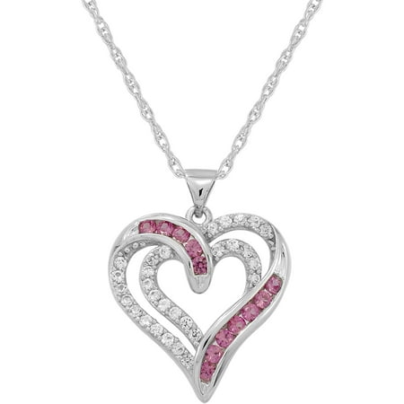 Created Ruby and Created White Sapphire Sterling Silver Double-Heart Pendant, 18