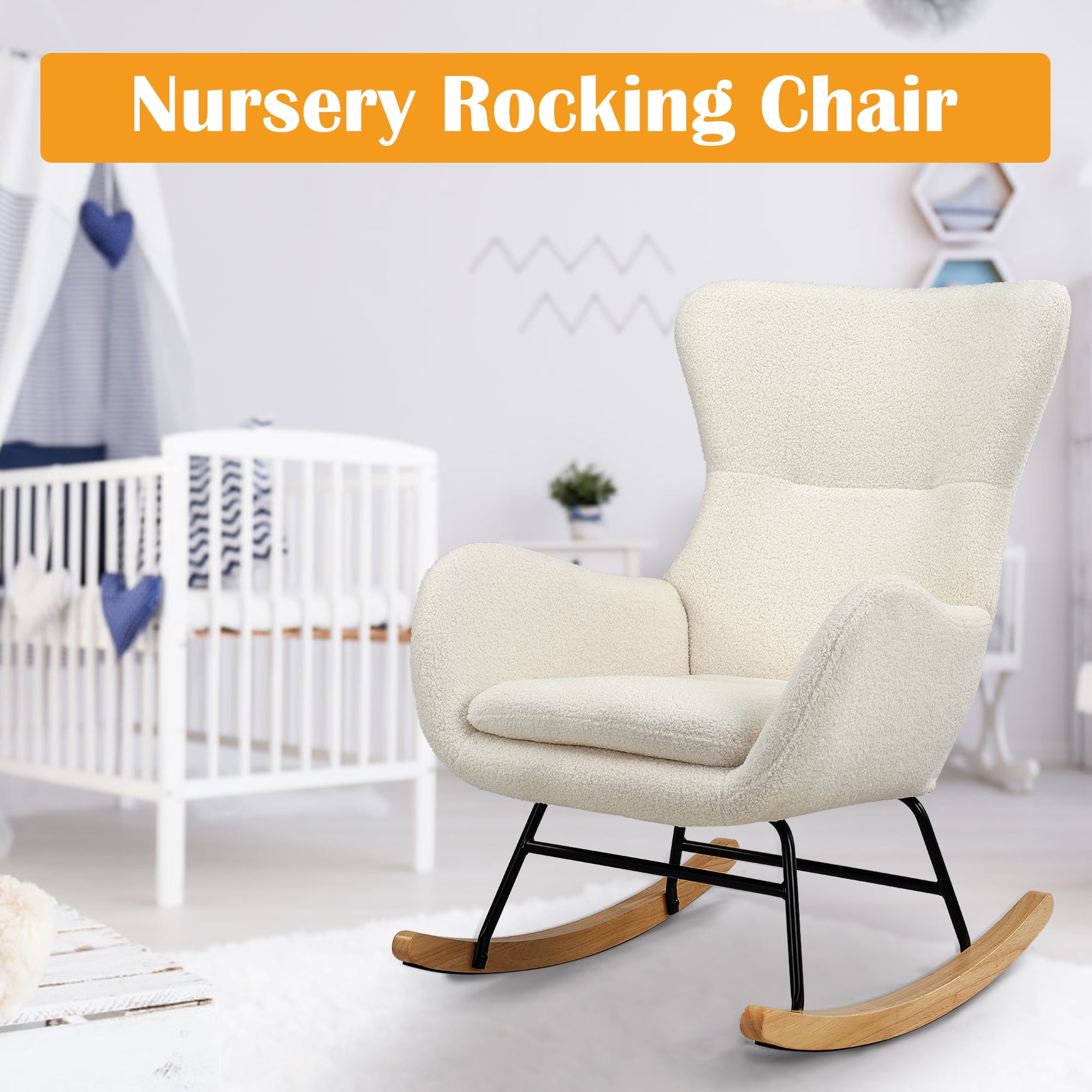 Prilinex Modern Rocking Chair, Nursery Rocking Chair High Wingback Arm Chair with Upholstered for Living Room, Teddy Fabric, Ivory White