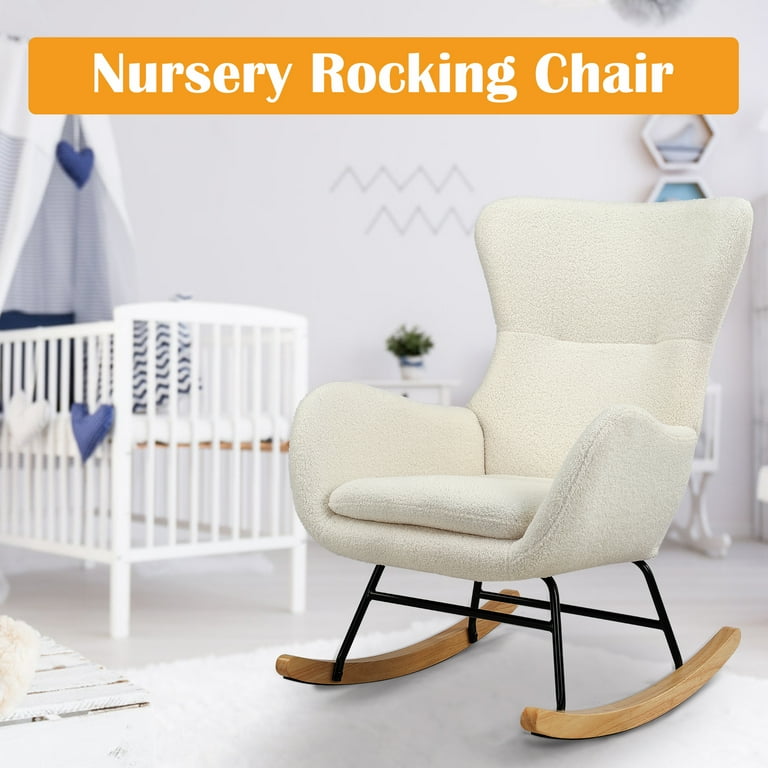 TrumanPick Nursery Rocking Chair Upholstered Glider Arm Chair Accent Chair with High Wingback for Living Room Baby Bedroom Teddy Fabric Ivory White Walmart