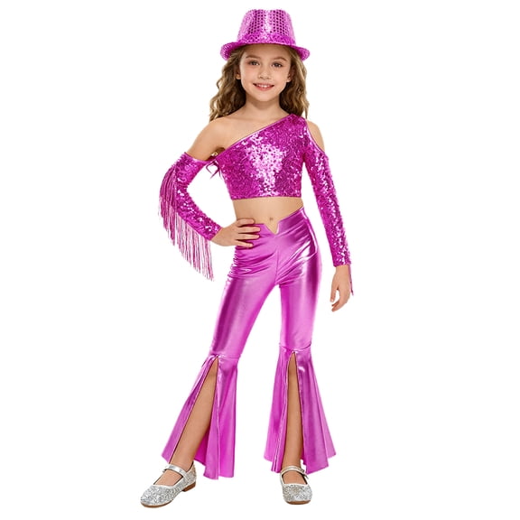 TSSOE Kids Girls Shiny Metallic Disco Dance Outfits Sparkle Sequins Tassels Crop Tops with Bell Bottoms Long Pants and Hat Hot Pink 12
