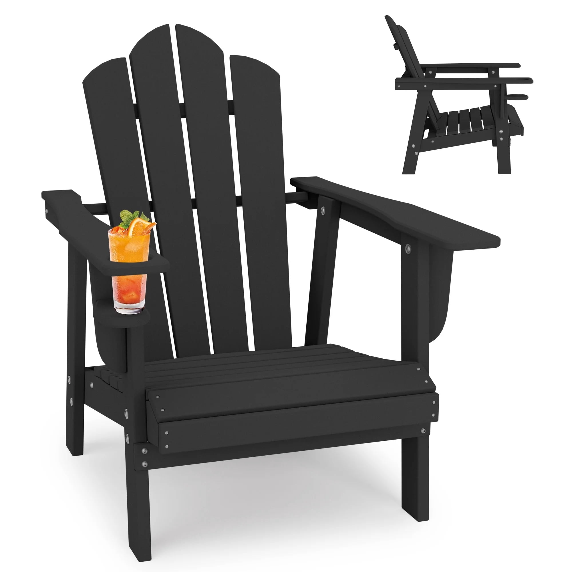 Tappio HDPE Adirondack Chair, Patio Seat All Weather Outdoor Patio Chair with Cup Holder for Lawn Yard Fire Pit, Black