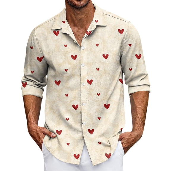 Men's Valentine's Day Shirt Long Sleeve Love Heart Printed Button Summer Beach Dressy Valentines Shirts