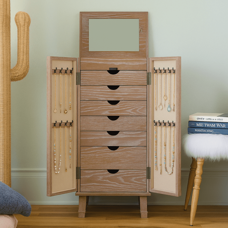 Hives and Honey Cabby Locking Wooden Jewelry Armoire with Mirror