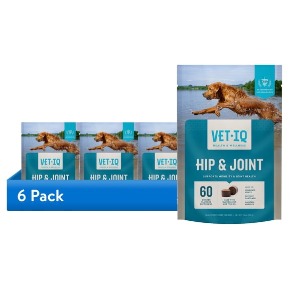 (6 pack) VetIQ Hip & Joint Supplement for Dogs, Chicken Flavored Soft Chews, 7.4 oz, 60 Count